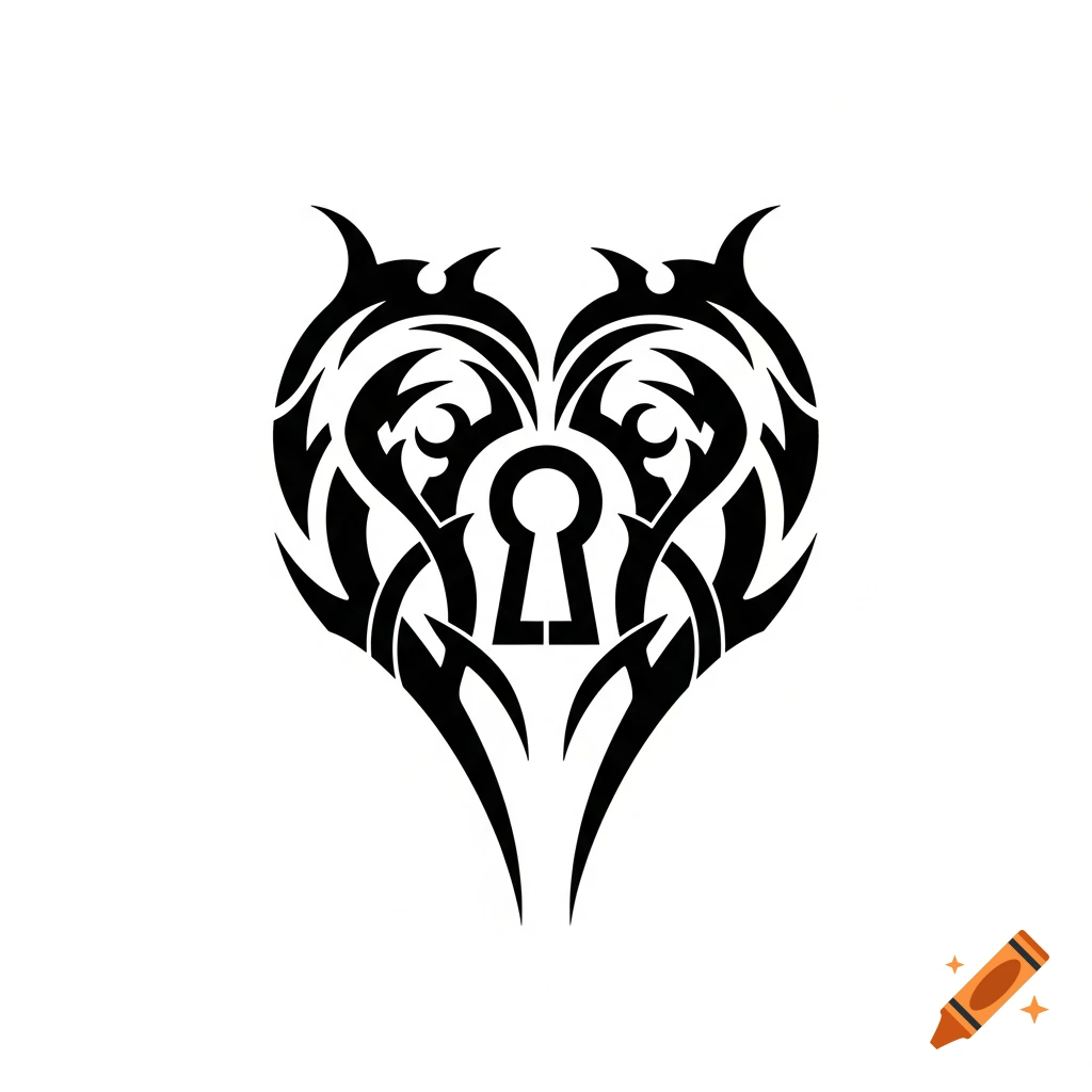 A black and white tribal heart emblem with a keyhole in the center, designed as a stencil.