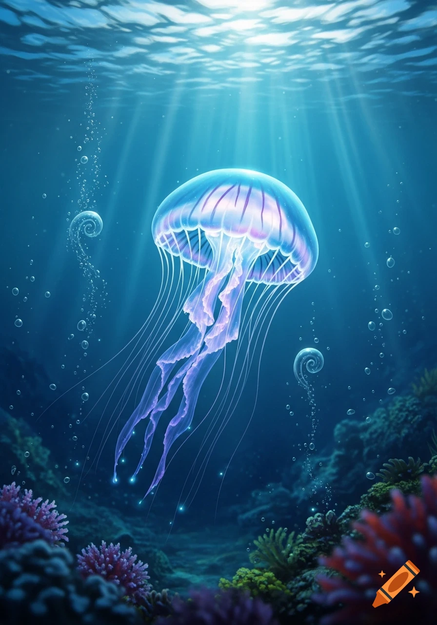 A vibrant, translucent blue and purple jellyfish with long tentacles swims gracefully in a brightly lit underwater scene with sunbeams and coral.