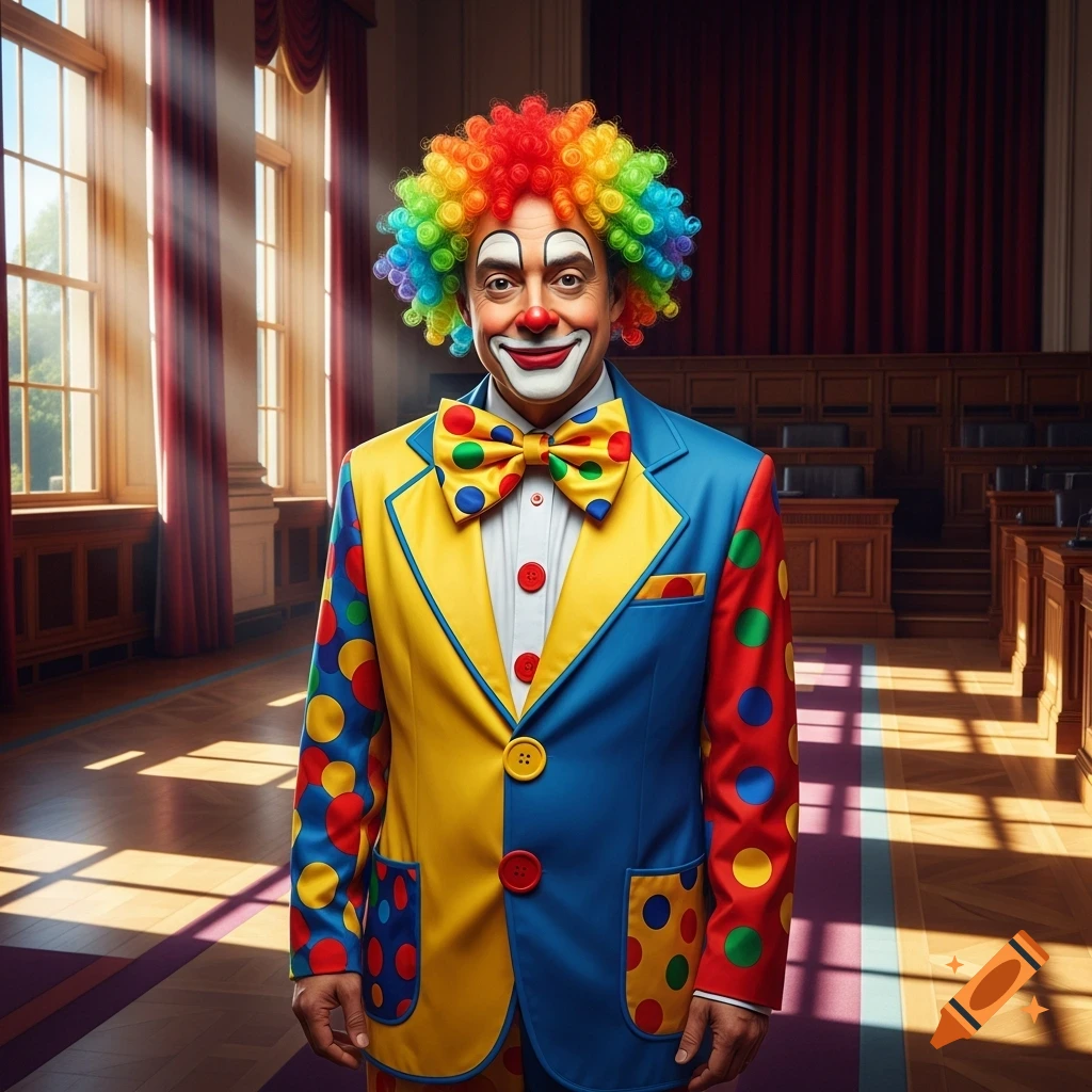 A man in a vibrant clown suit with a rainbow wig and painted face stands in a formal room with large windows.