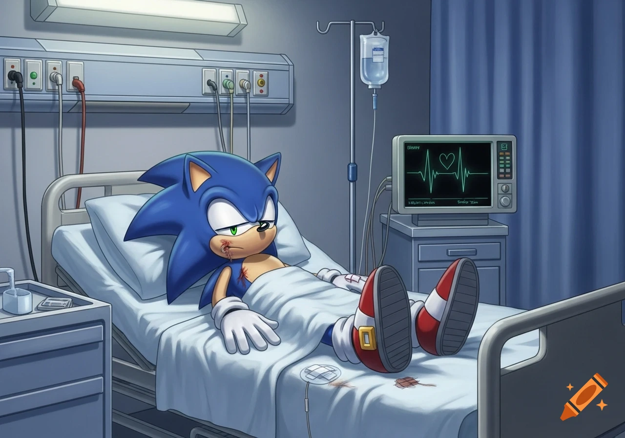 Sonic the Hedgehog lies injured in a hospital bed, connected to an IV drip and heart monitor.