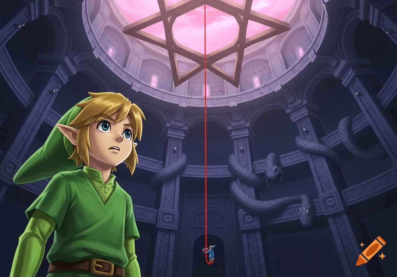 Toon Link looks up apprehensively at a red rope hanging from an octagram in a vast, dark, snake-themed circular chamber with a pink sky.