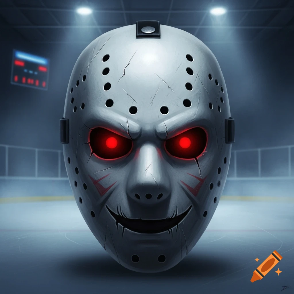A white, cracked hockey mask with glowing red eyes and a sinister smile, set against a blurry hockey rink background.
