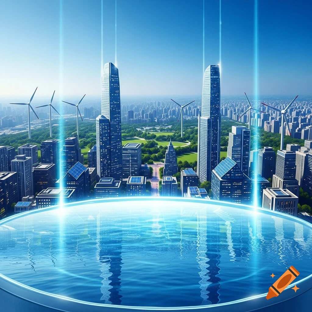 Futuristic cityscape with skyscrapers, green spaces, wind turbines, and solar panels, featuring a reflective water pool and blue light beams.