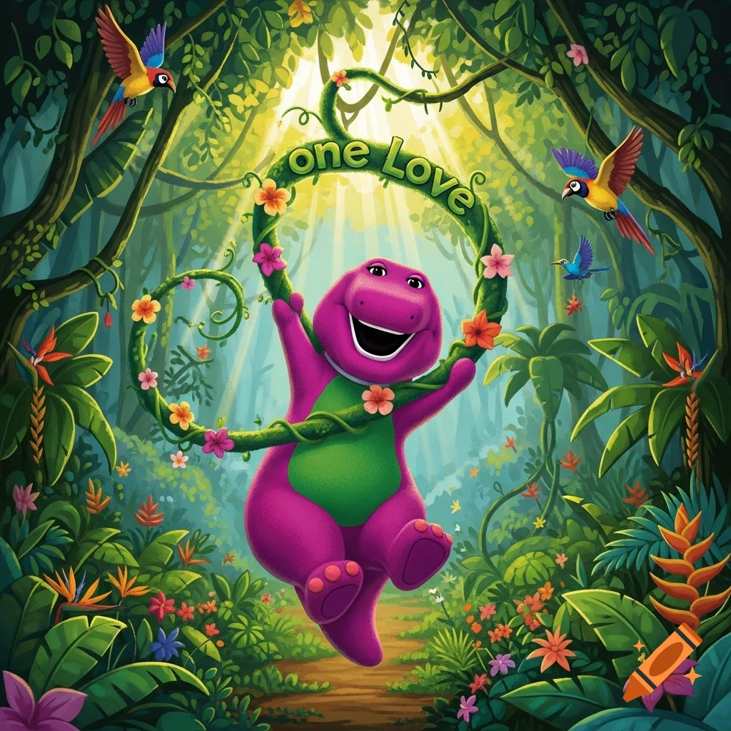 Cartoon Barney the dinosaur swings from a vine with "one Love" in a vibrant, sunlit jungle with flying parrots.