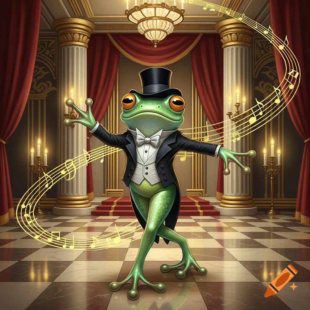 A cartoon green frog in a tuxedo and top hat dances in an elegant ballroom with musical notes swirling.