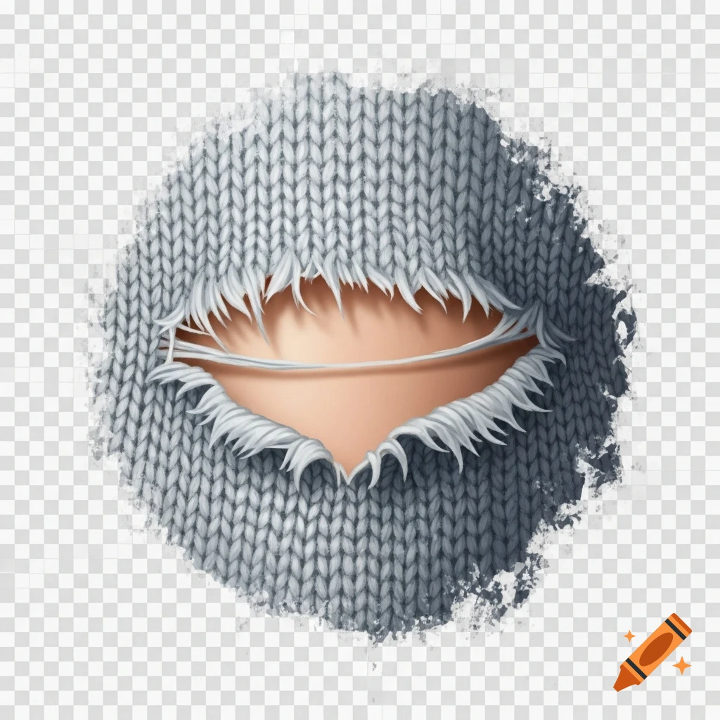 Realistic torn grey knit fabric with frayed edges revealing skin, on a transparent background.