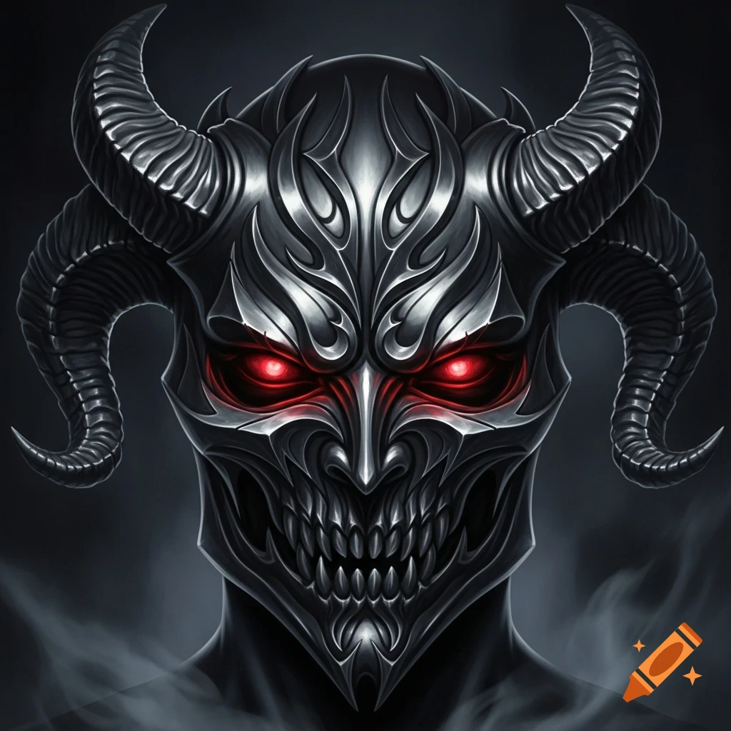 A close-up of a dark, metallic, demonic mask with large horns, glowing red eyes, and sharp teeth, with smoke surrounding it.