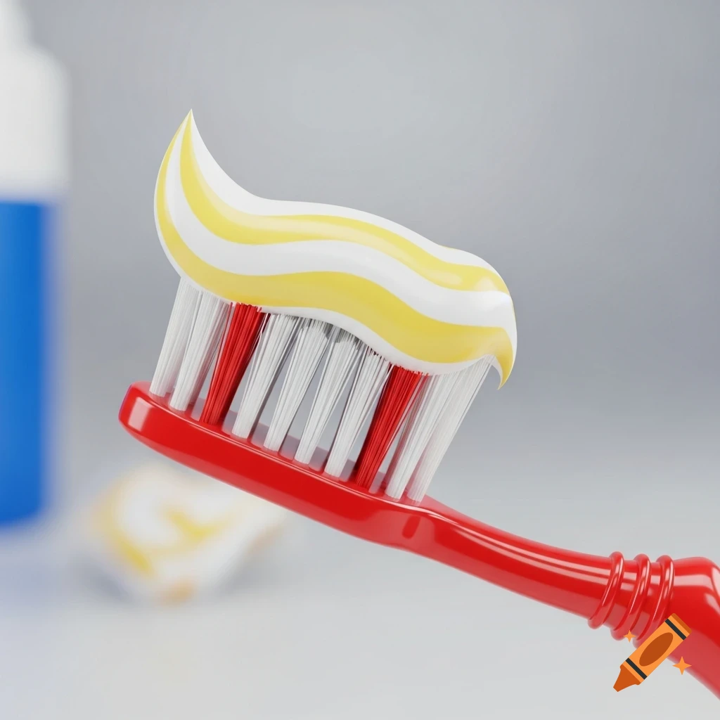 A close-up of a red toothbrush with yellow and white striped toothpaste on its bristles.