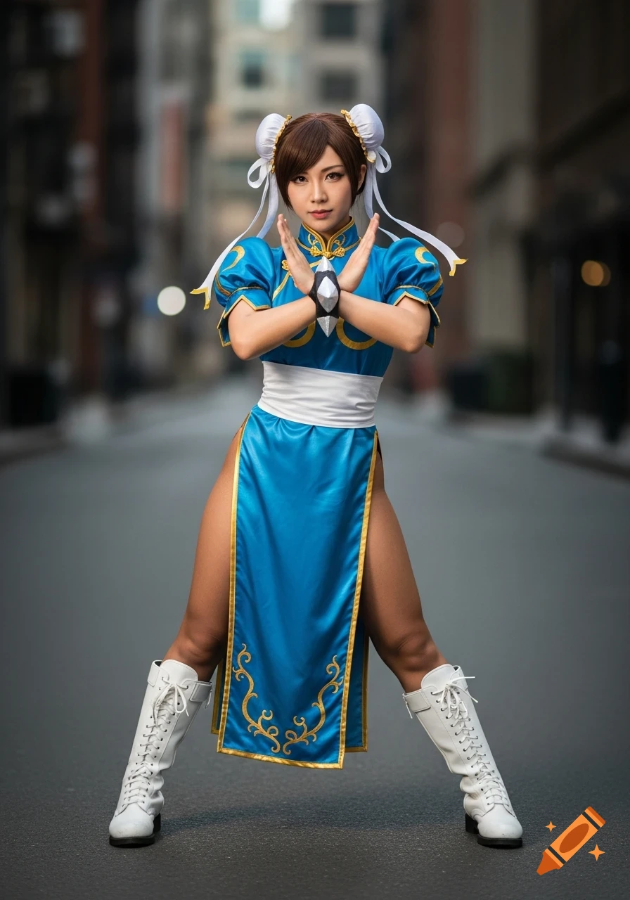 A woman cosplaying Chun Li from Street Fighter stands in a street, wearing a blue qipao with gold trim and white boots, striking a pose.