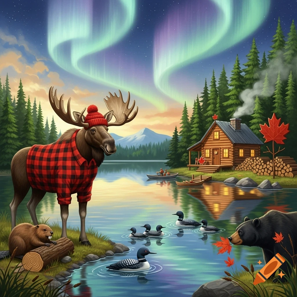 A whimsical Canadian scene with a moose in a plaid shirt and toque, beaver, bear, loons, a log cabin by a lake under the aurora borealis.