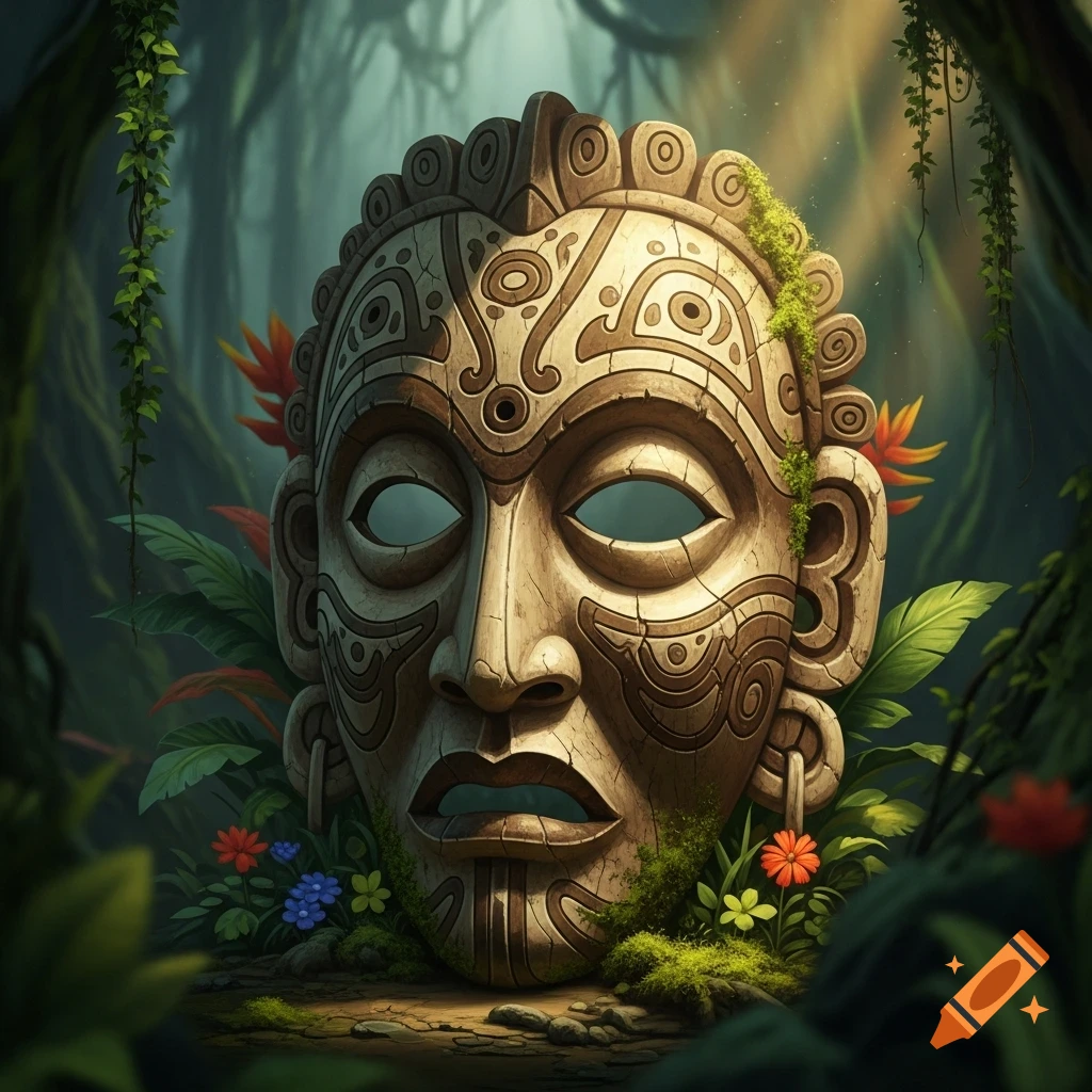Detailed ancient wooden mask with moss and ornate patterns, surrounded by tropical plants in a lush jungle.