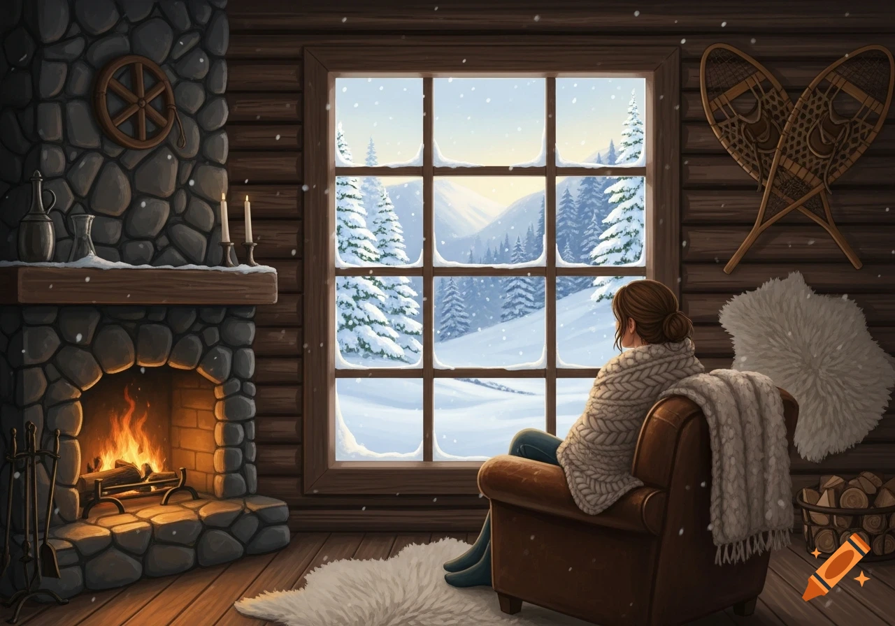 A woman in a cozy log cabin looks out a large window at a snowy mountain landscape, with a fireplace and snowshoes nearby.