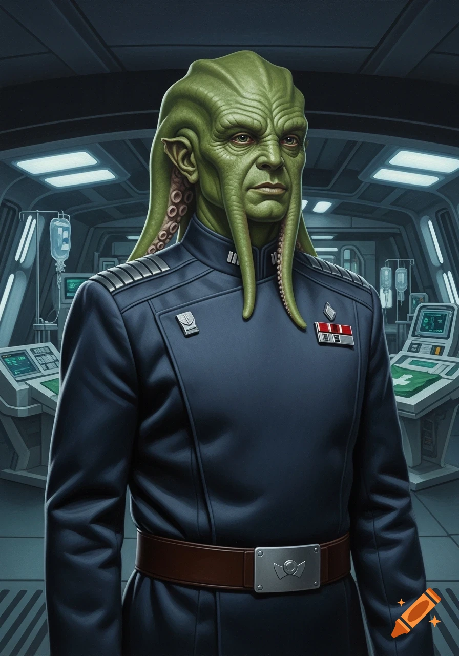 An oil painting portrait of a green-skinned Nautolan alien from Star Wars, wearing a dark blue military uniform, in a spaceship interior.