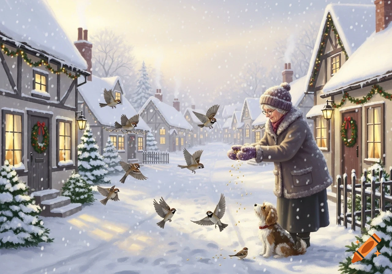 An old lady in a winter hat and coat feeds birds in a snowy Christmas village, with a small dog beside her.