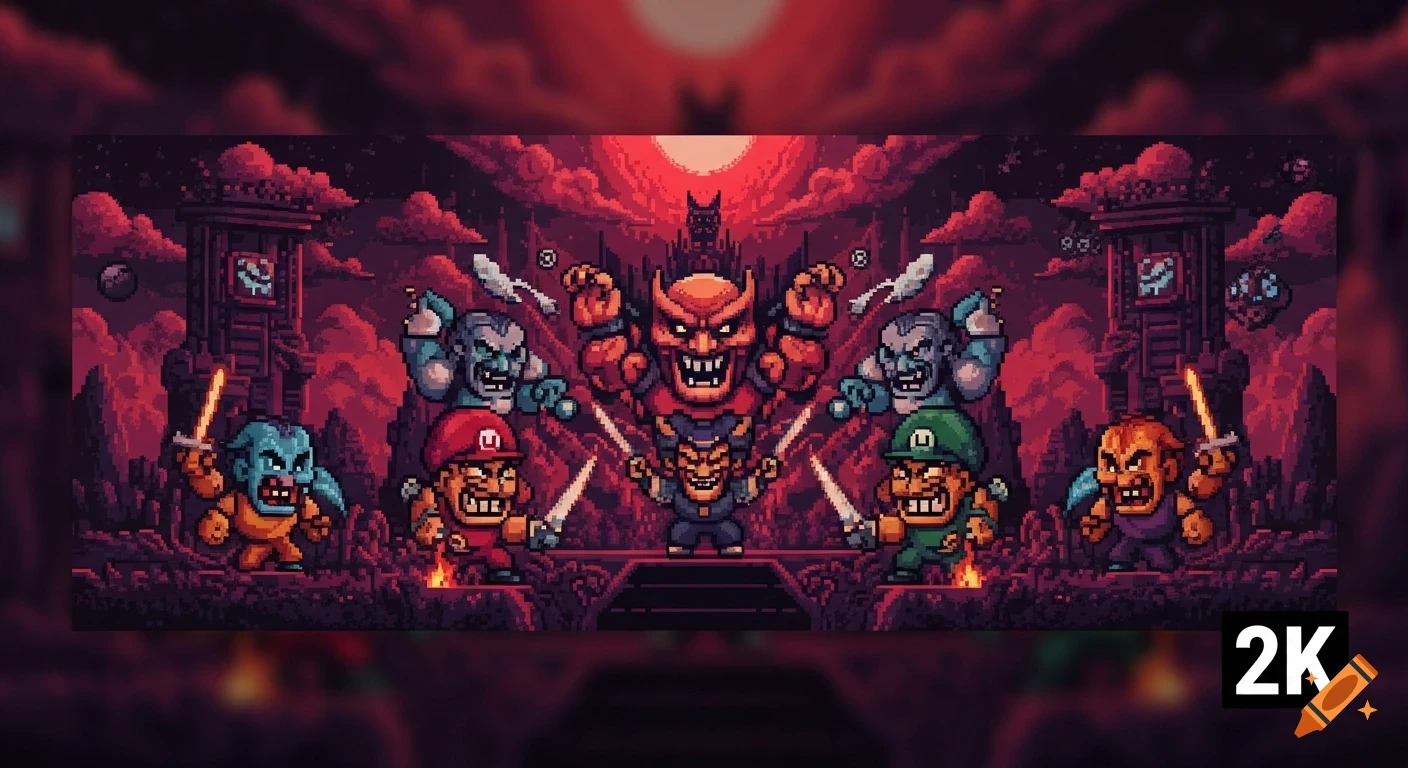 A pixel art banner showing stylized video game villains, including a central red demon, grey monsters, and evil versions of Mario and Luigi, against a dark red sky.