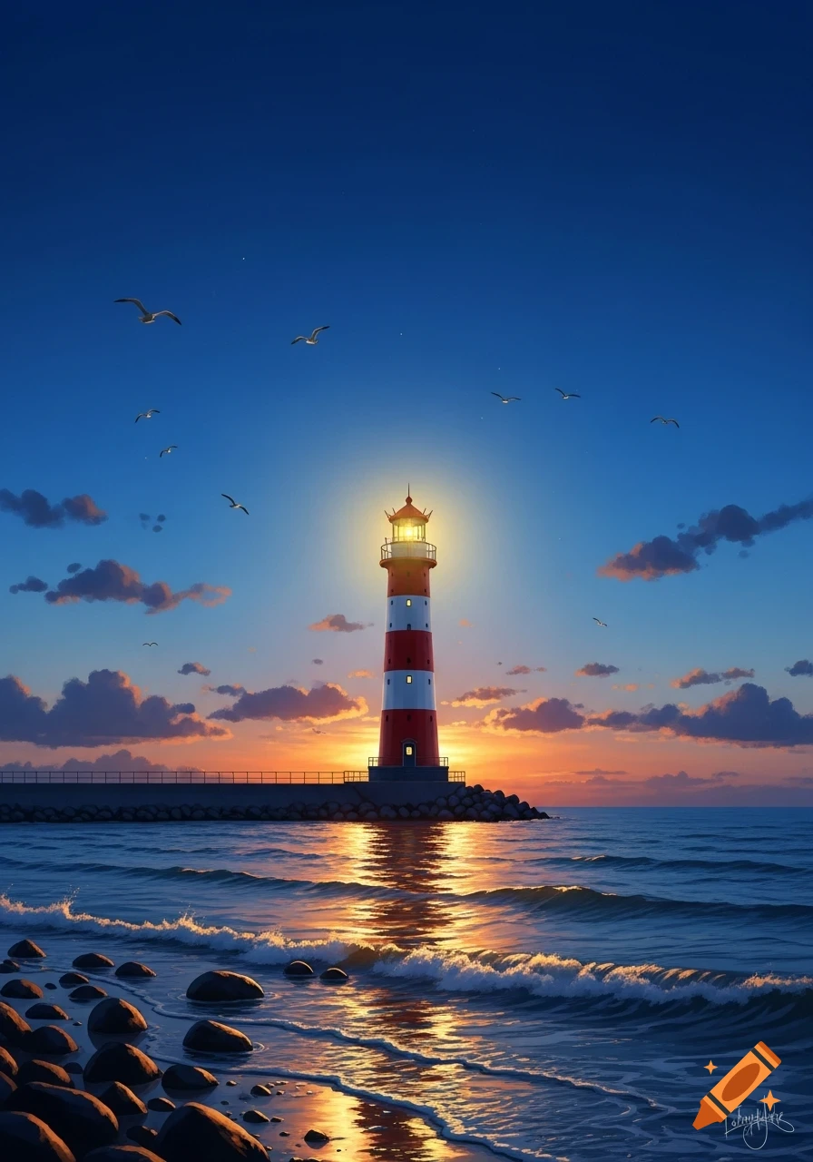 A red and white lighthouse illuminates the ocean at sunset, with waves crashing on a rocky shore, and seagulls flying in the vibrant sky.