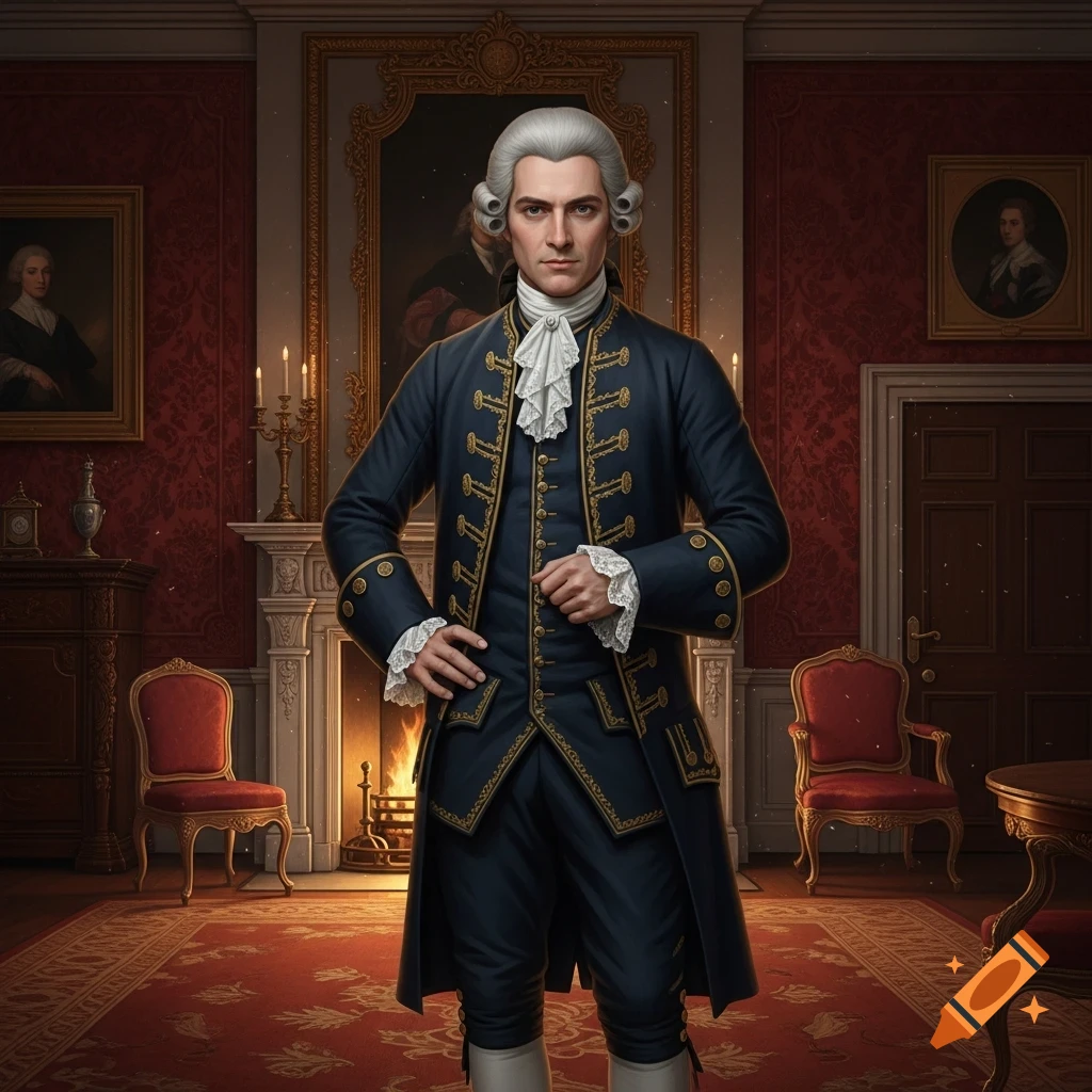 A photorealistic portrait of a man in 18th-century blue and gold formal wear and a white wig, standing in a grand, red room.