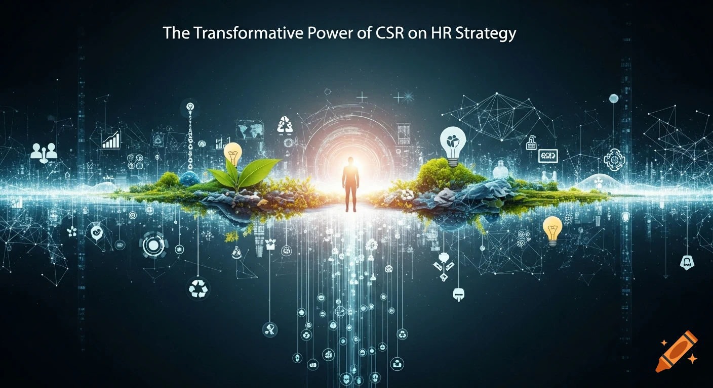 A person stands on a lush island amidst a glowing digital network and business icons, with the title 'The Transformative Power of CSR on HR Strategy'.