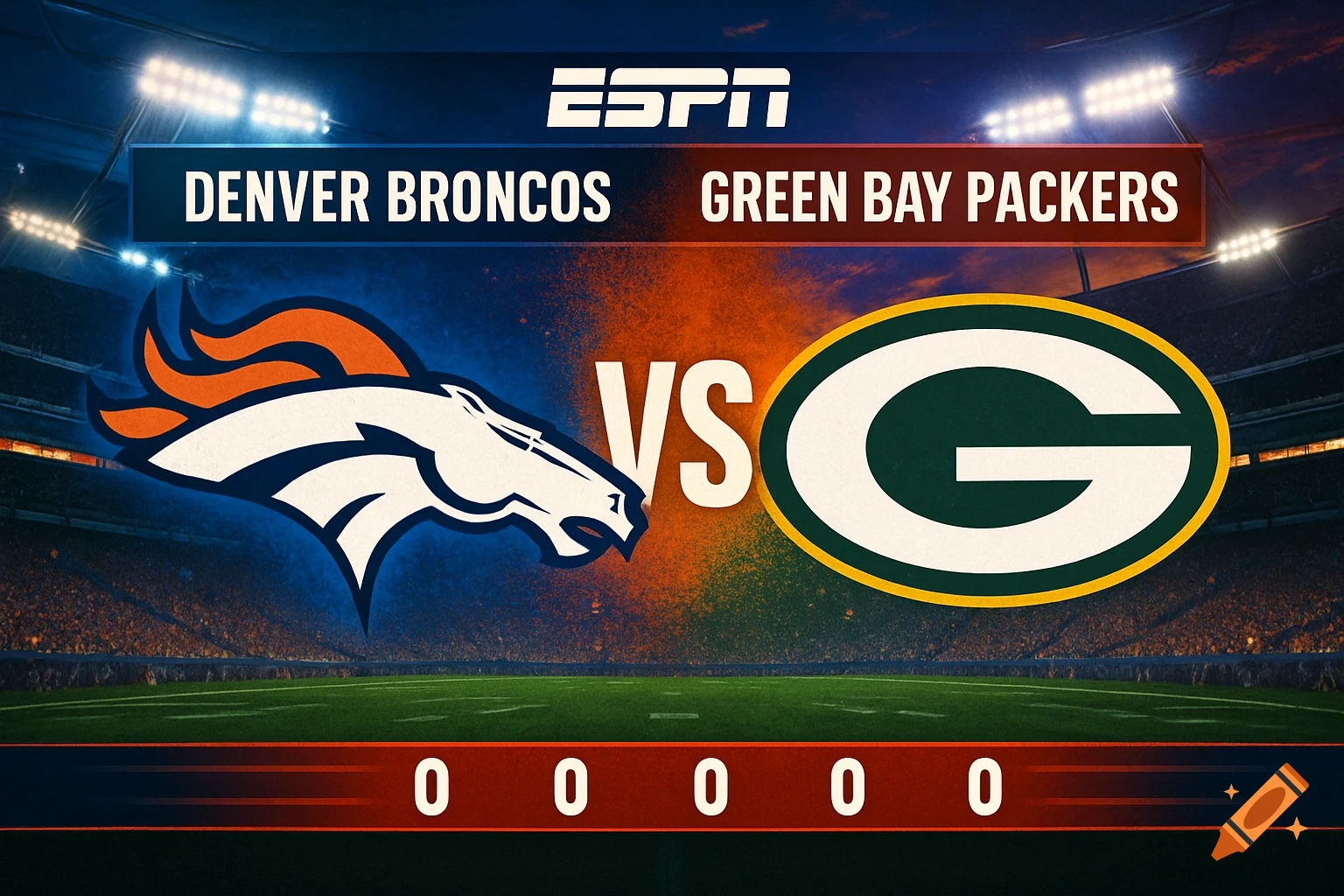ESPN-style sports graphic for Denver Broncos vs Green Bay Packers matchup, featuring team logos and a stadium background.