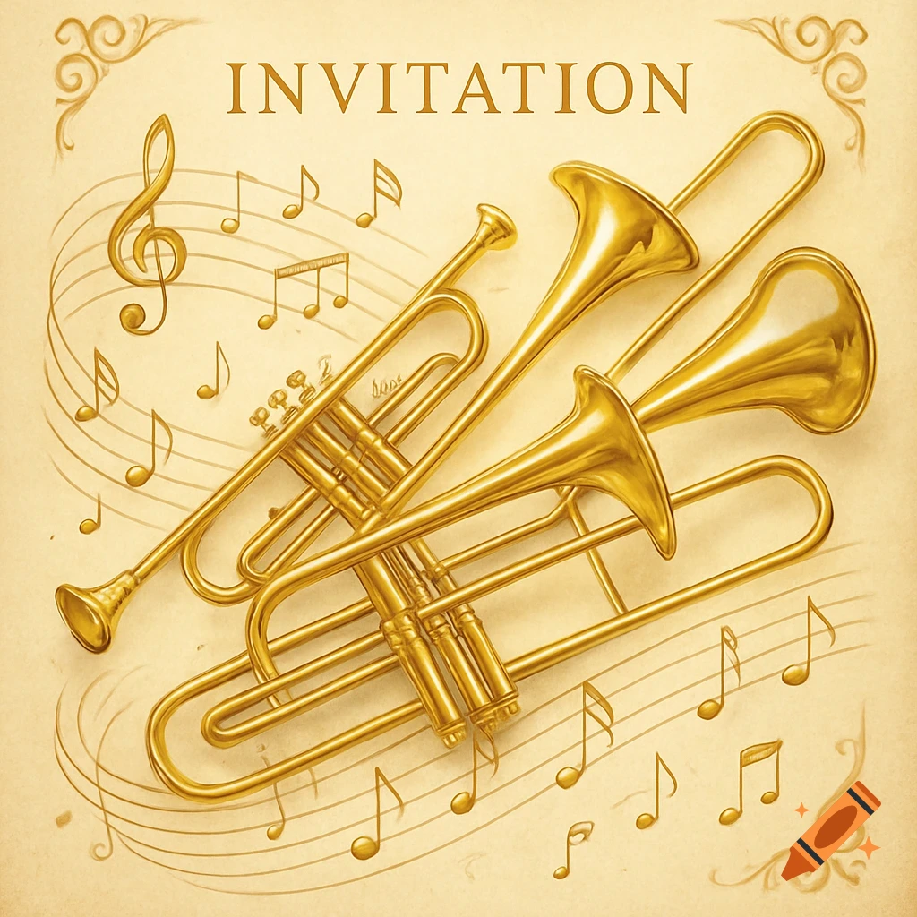 A vintage invitation card with golden brass instruments, musical notes, and a treble clef on a parchment background.