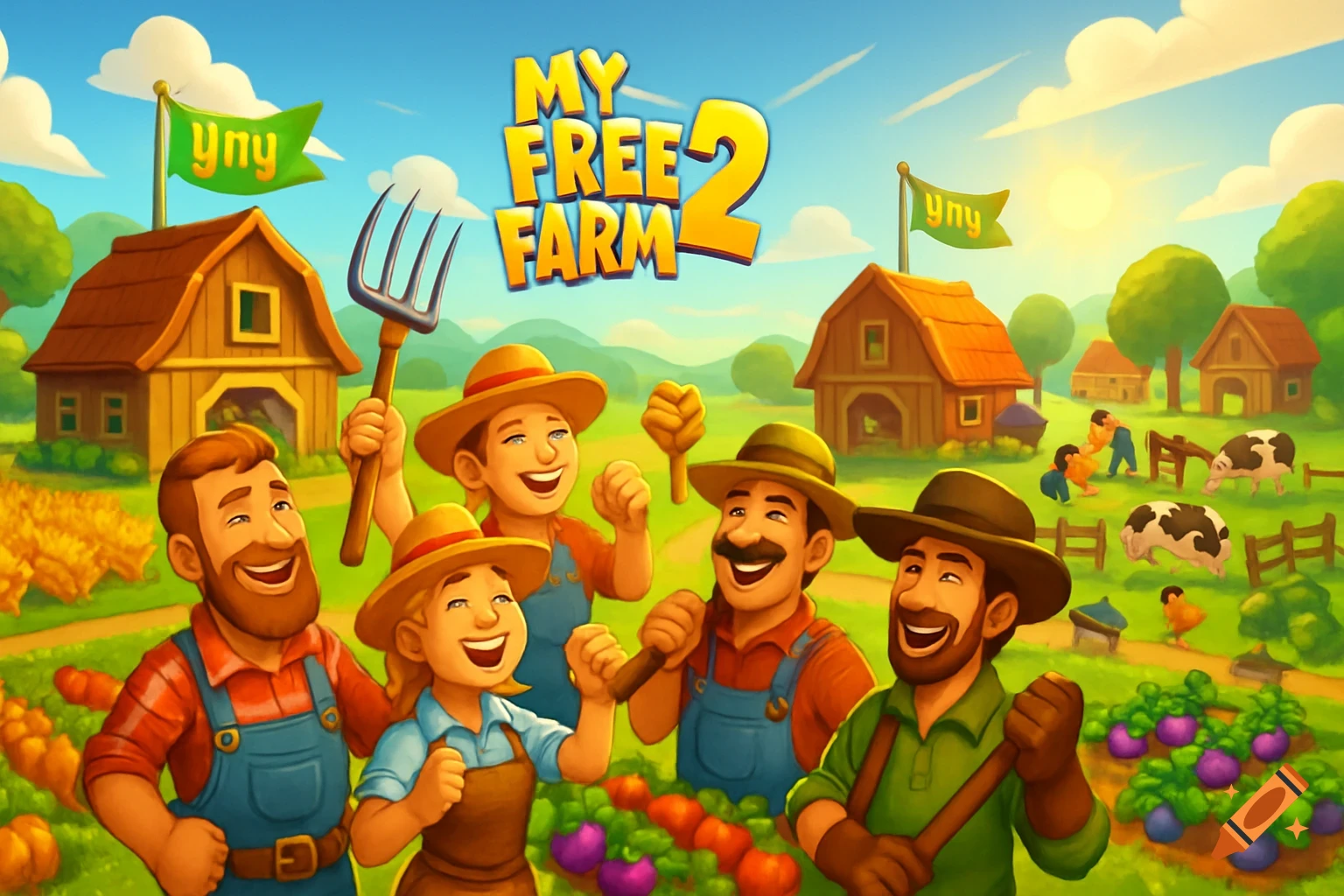 A vibrant cartoon illustration of a farm with cheerful farmers, livestock, and crops under a bright sky, featuring the title 'MY FREE FARM 2'.