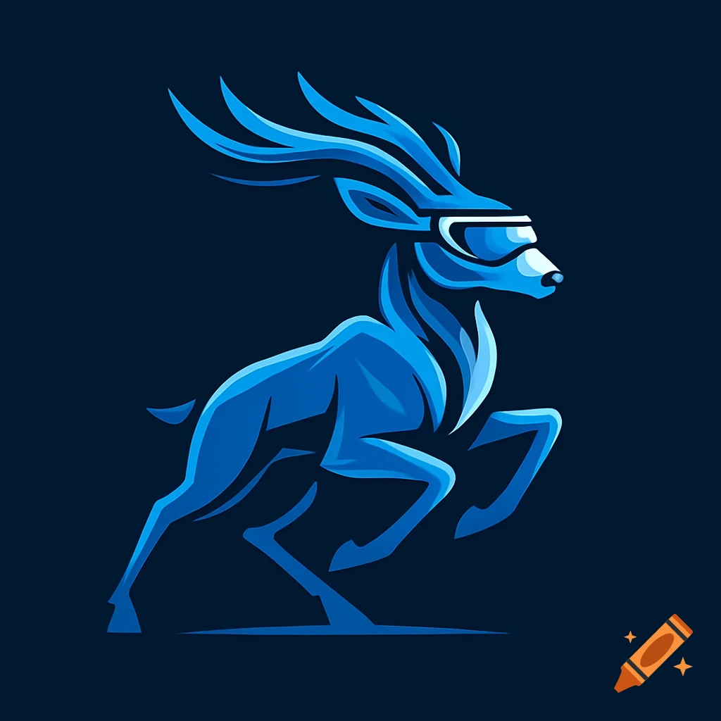 Stylized blue deer logo with glowing antlers and speed goggles in a dynamic pose.