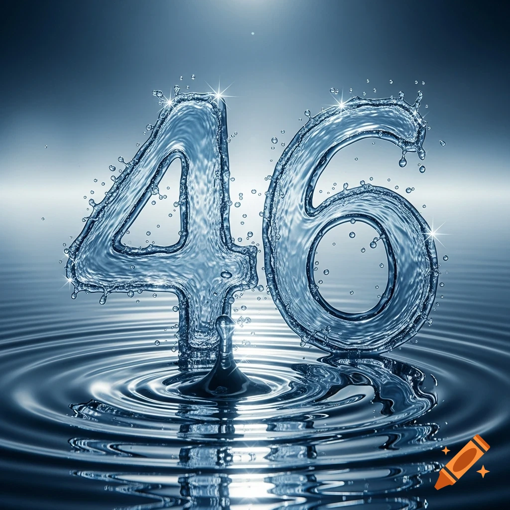 The numbers 46, formed by splashing water, stand in a pool with ripples and reflections.