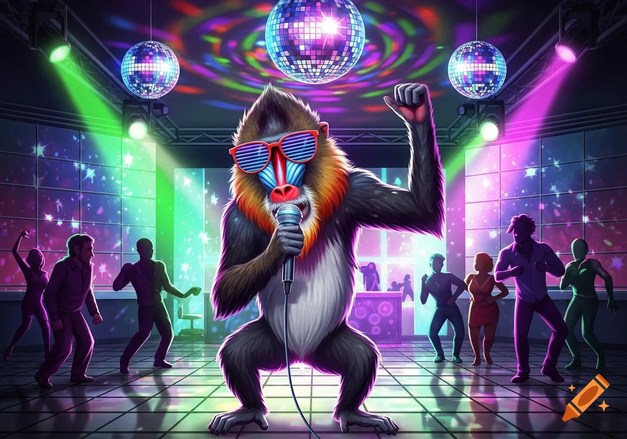 A colorful cartoon mandrill in sunglasses sings karaoke into a microphone in a vibrant disco with dancing people and sparkling lights.