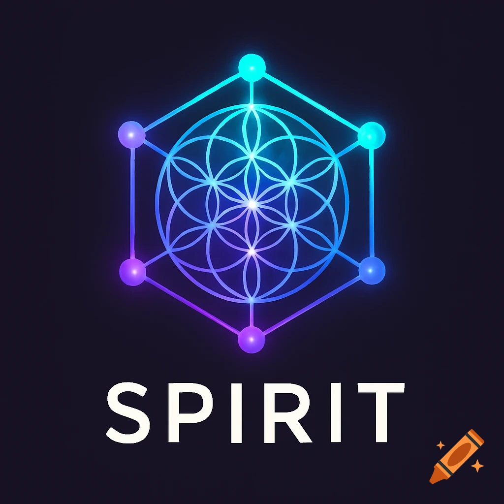 A glowing sacred geometry logo with a Flower of Life pattern inside a hexagon, featuring purple, blue, and turquoise colors, with the word "SPIRIT" below.