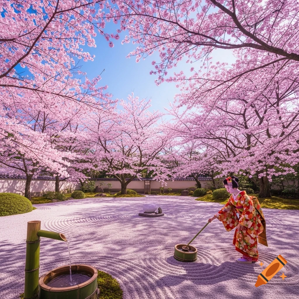 A geisha in traditional attire rakes a zen garden with sand patterns under vibrant pink cherry blossom trees, next to a bamboo water feature.