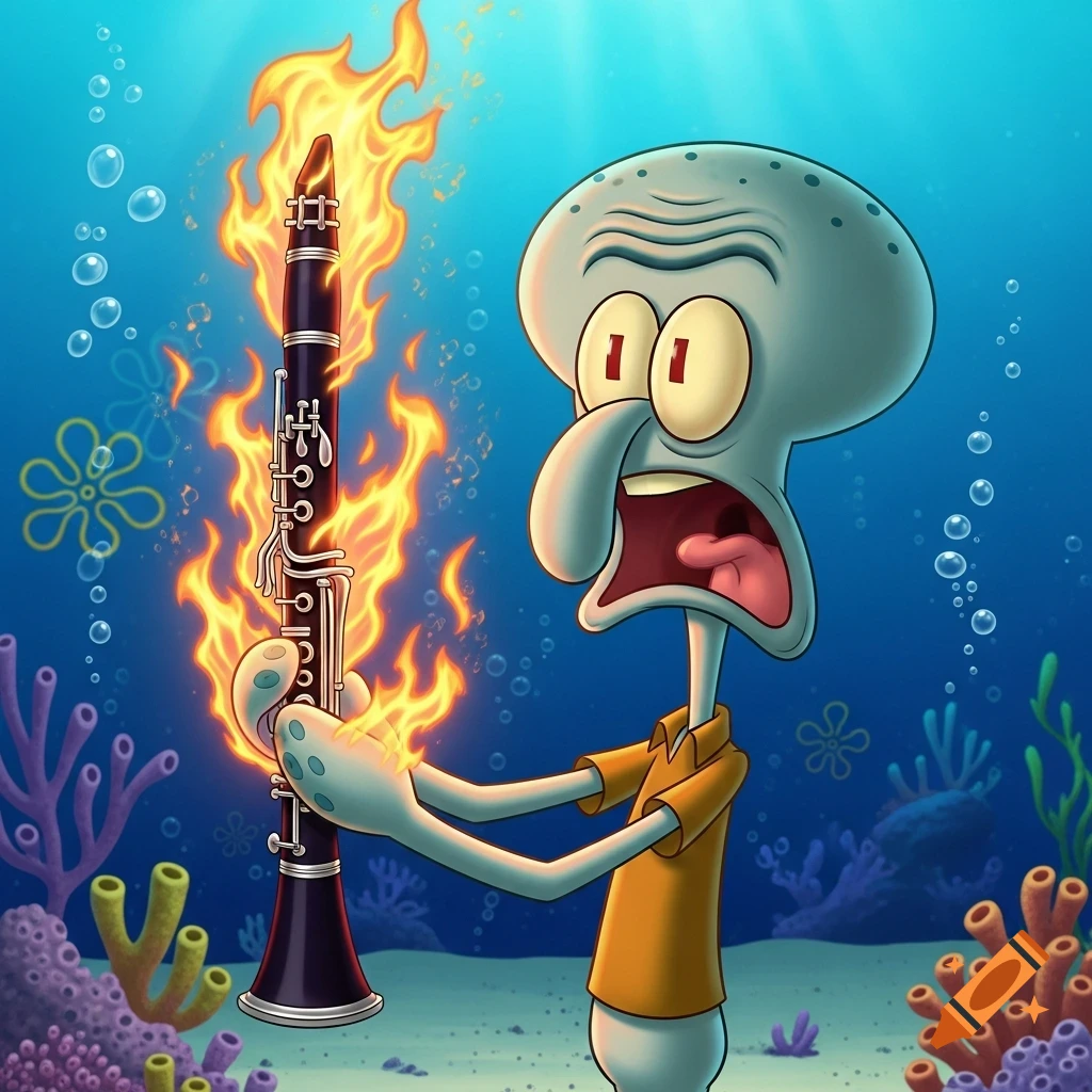 Squidward from Spongebob Squarepants screams underwater while holding his clarinet, which is engulfed in flames.