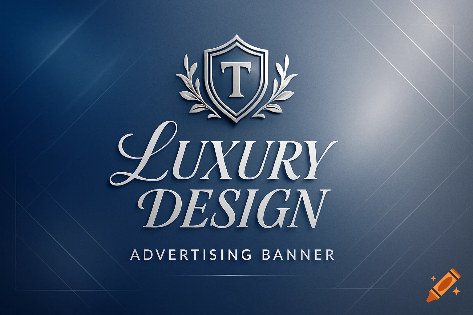 A silver luxury design logo with the letter 'T' and text 'Luxury Design Advertising Banner' on a dark blue background with subtle lines.