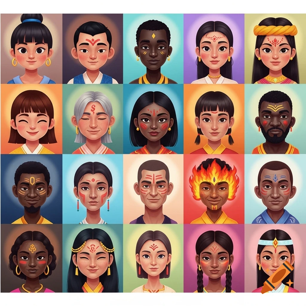 A grid of twenty diverse, stylized cartoon portraits, many featuring traditional facial markings.