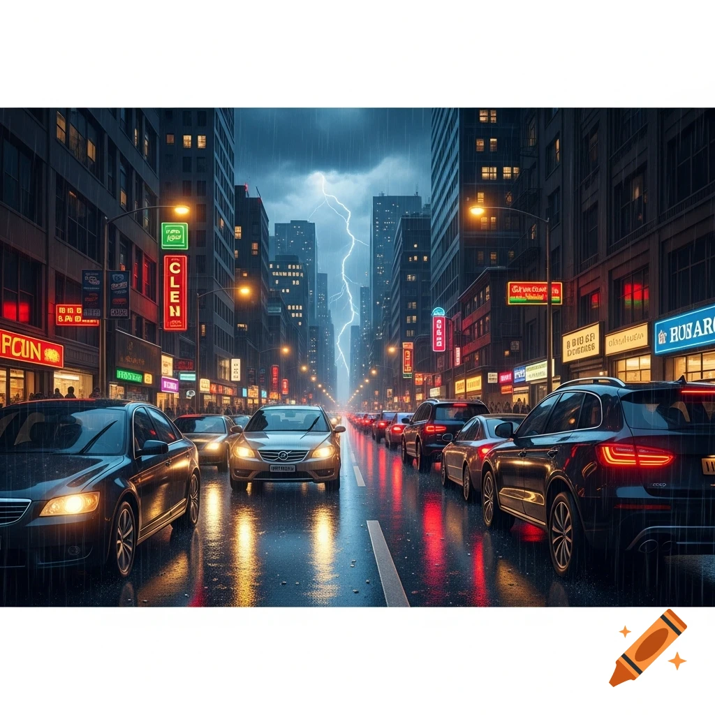 A bustling city street at night, with cars in traffic during heavy rain and a lightning strike in the sky, reflecting on wet pavement.