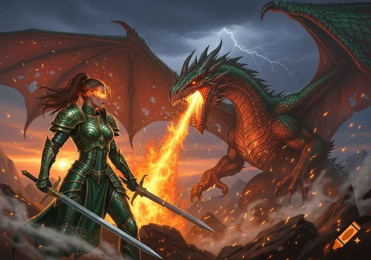 A female warrior in green armor with glowing eyes battles a fire-breathing green dragon under a stormy sky with lightning.