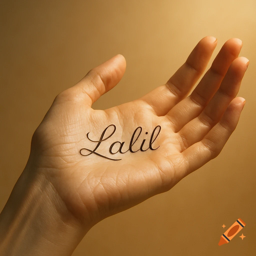 A realistic human hand with the name 'Lalil' written in elegant cursive script on the palm, against a warm golden background.