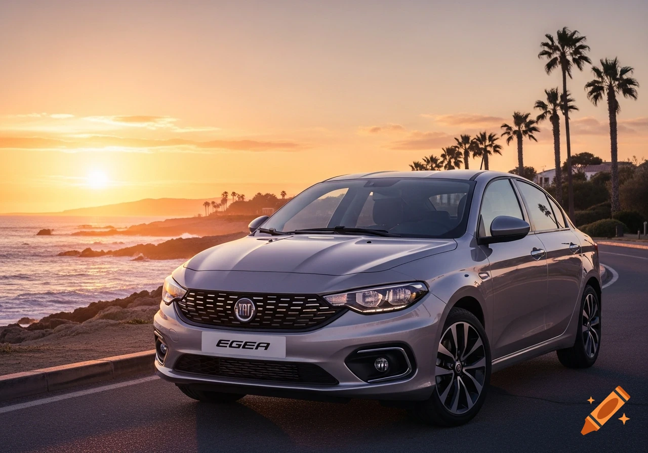 A silver Fiat Egea car is parked on a coastal road at sunset, with palm trees and ocean in the background.