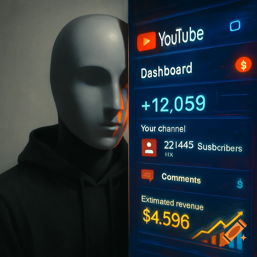 A surreal split image with a gray faceless masked figure on the left and a glowing YouTube dashboard displaying statistics on the right.
