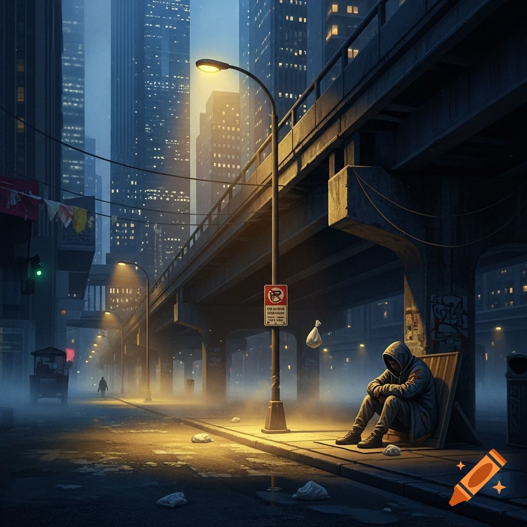 A homeless person sits against a board under a concrete overpass in a foggy, illuminated city street at night, with towering buildings in the background.