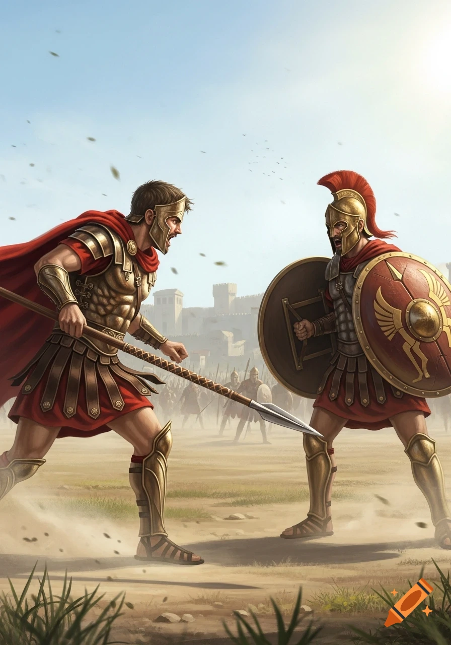 Two armored ancient warriors battle with spear and shield on a dusty field, a fortress in the distance, in an illustrative style.