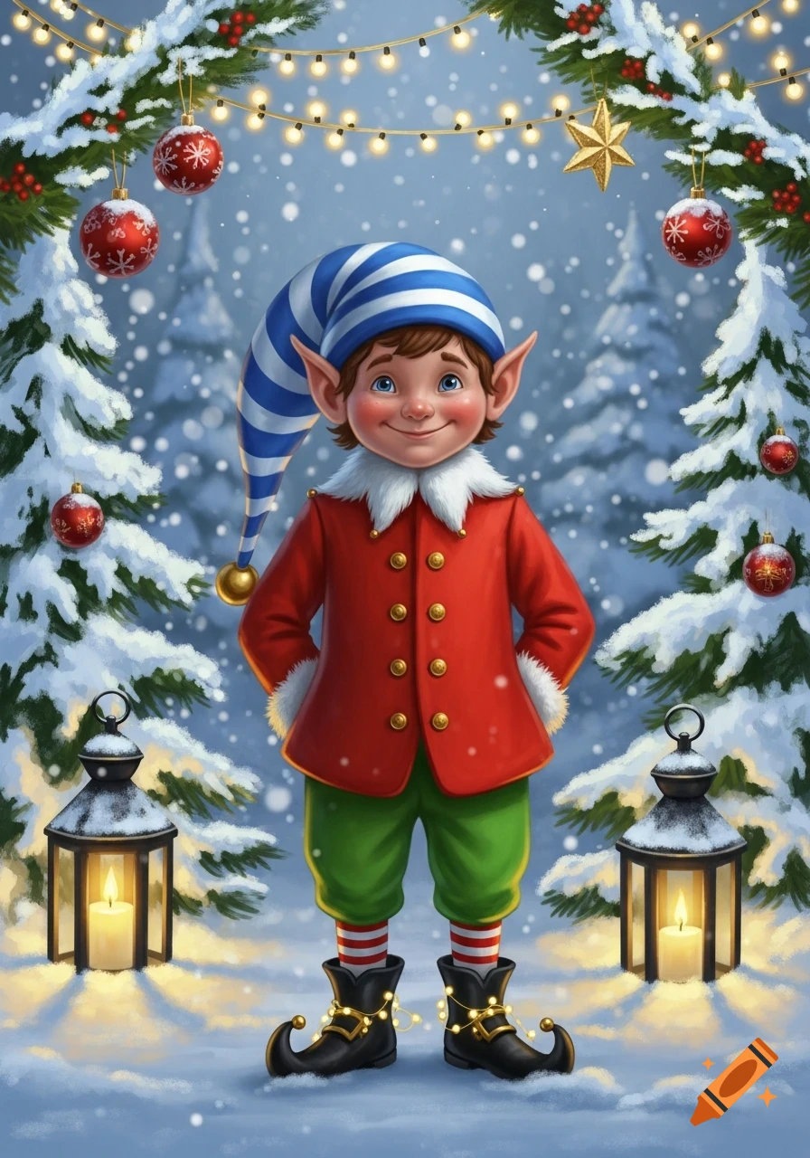 A cheerful Christmas elf in a red jacket and blue striped hat stands in a snowy forest with decorated trees and lanterns. Illustration.