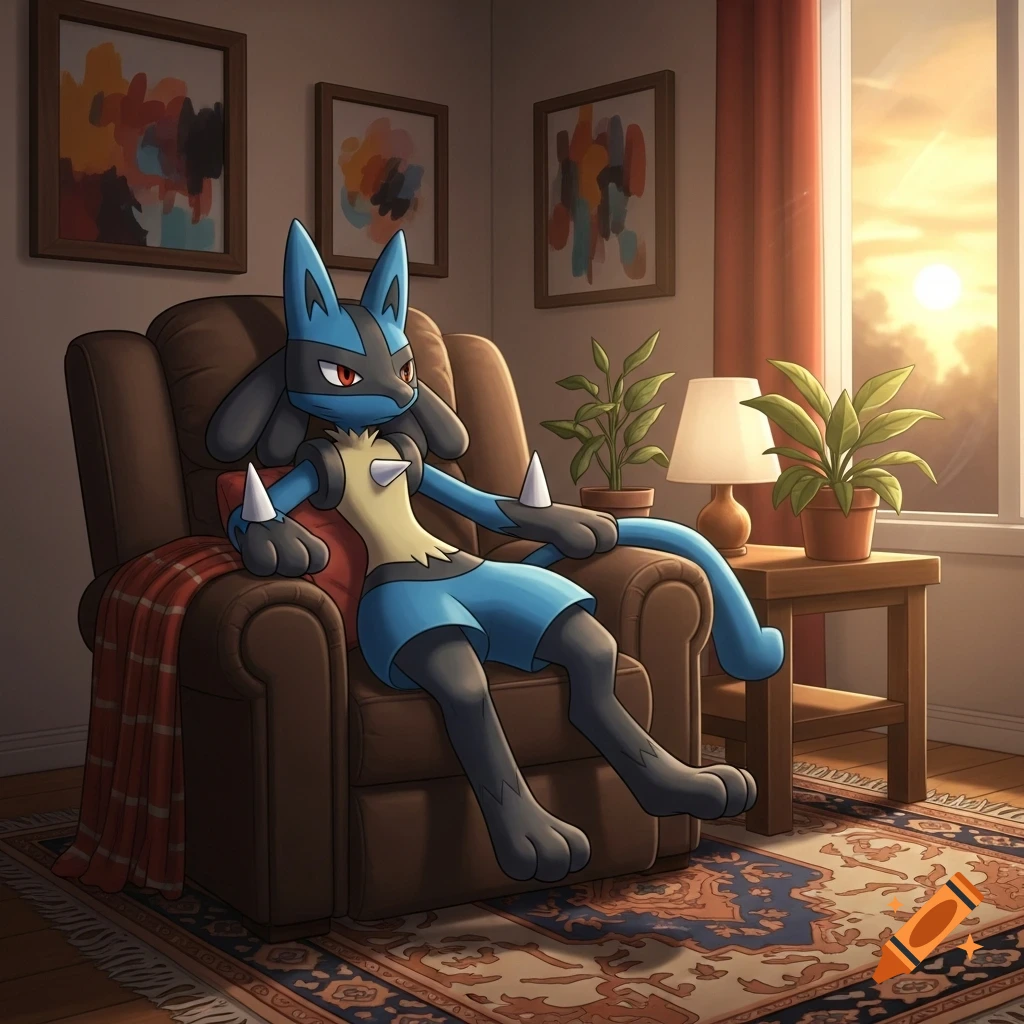 Lucario relaxing in a brown recliner, draped with a plaid blanket, in a cozy room with abstract art, plants, and sunlight streaming through a window.