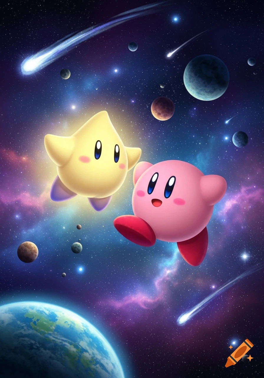Luma and Kirby float side by side in a vibrant outer space filled with colorful nebulae, planets, and shooting stars in a stylized cartoon style.