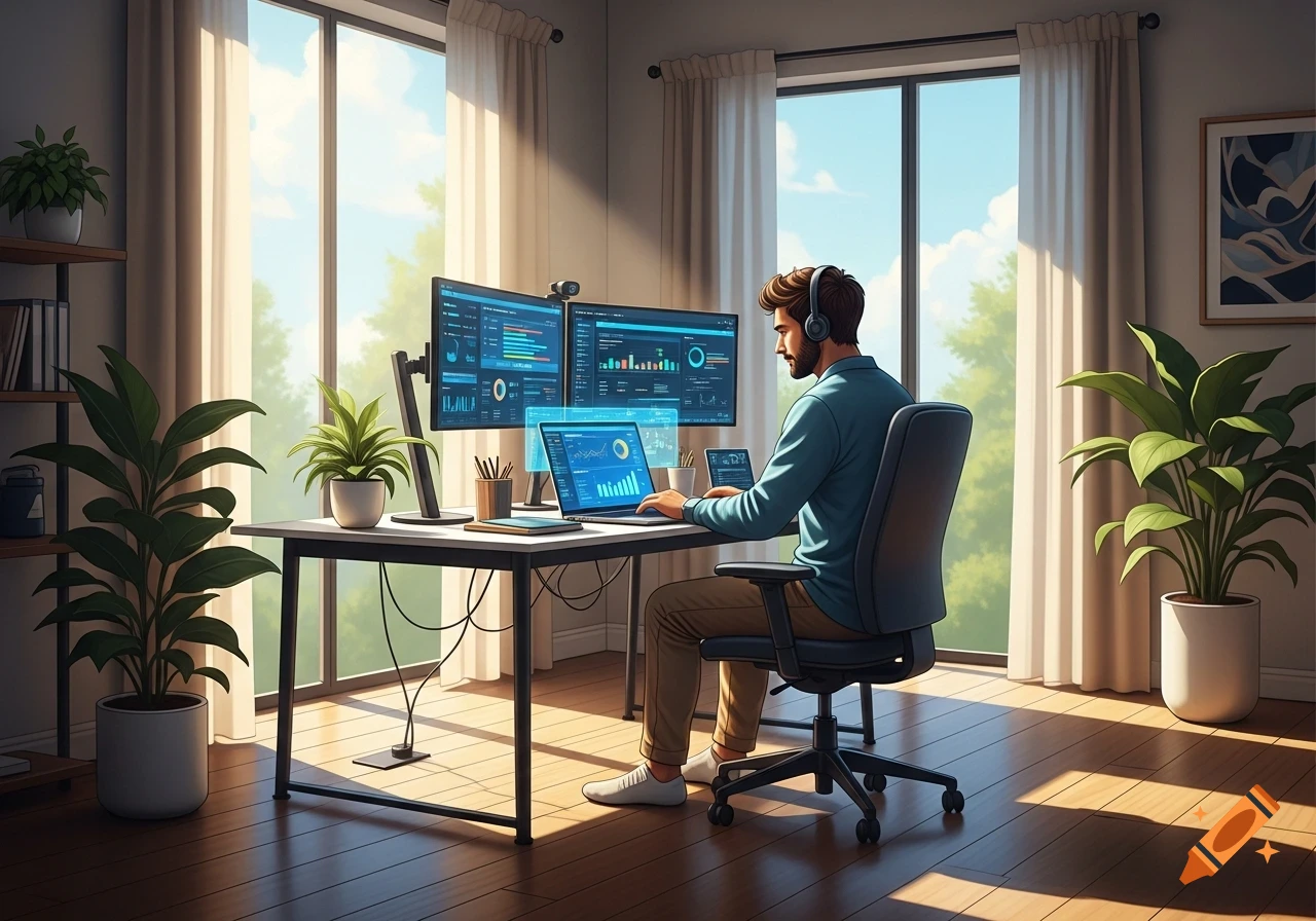 A man with headphones works on a laptop and multiple monitors in a sunny home office with plants, photorealistic.