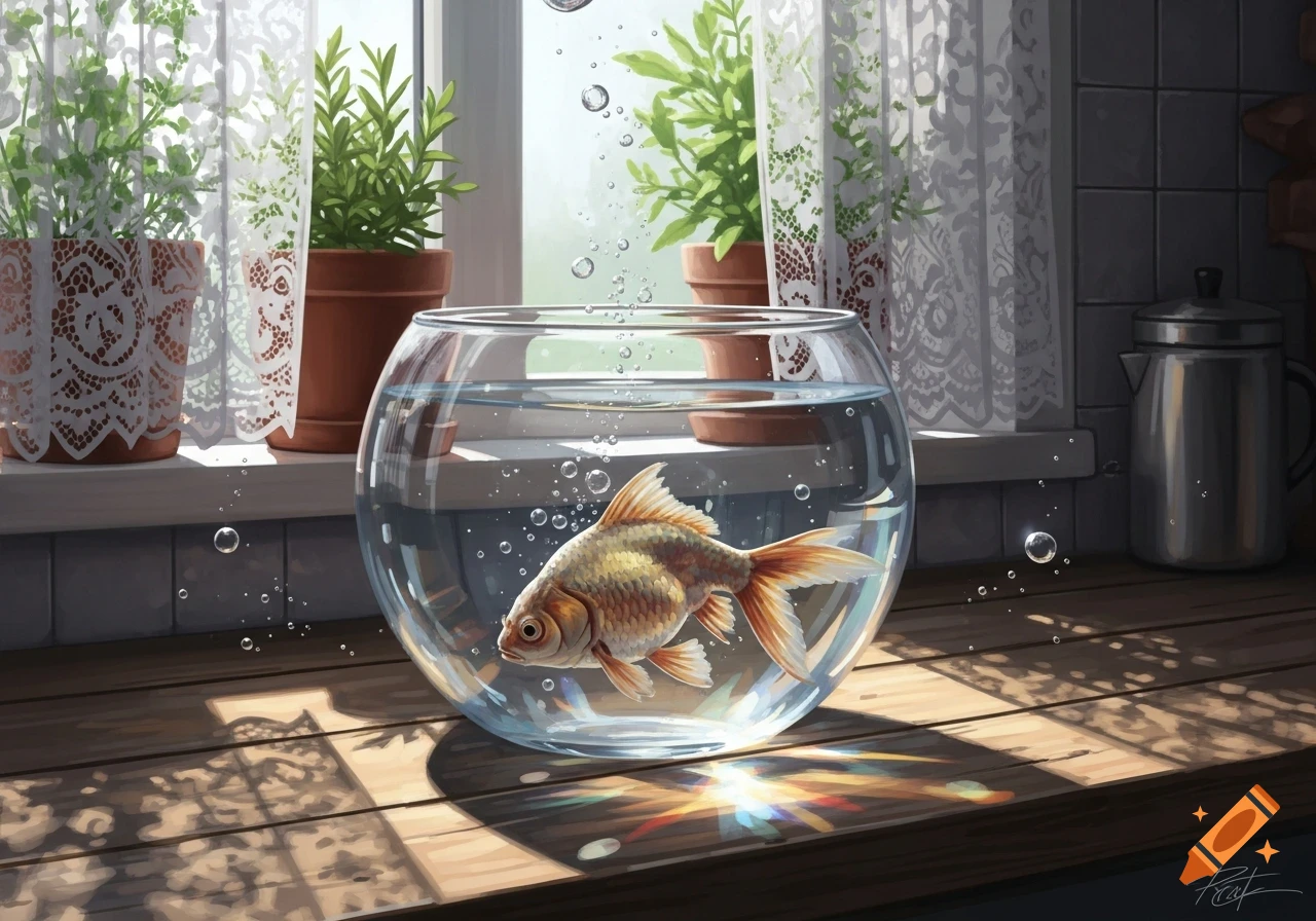 A goldfish swims in a glass bowl on a sunlit wooden counter near a window with lace curtains and potted plants.