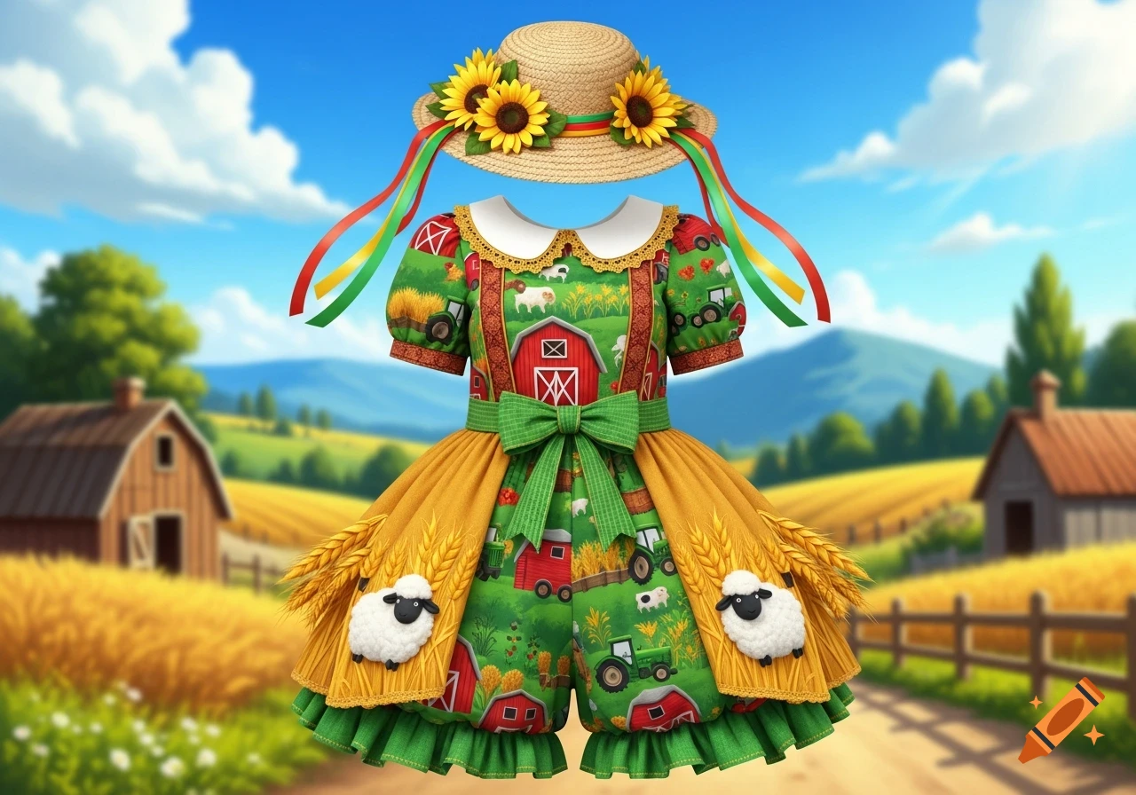 A cheerful farm-themed dress and straw hat with sunflowers, sheep, barns, and tractors against a sunny countryside backdrop.