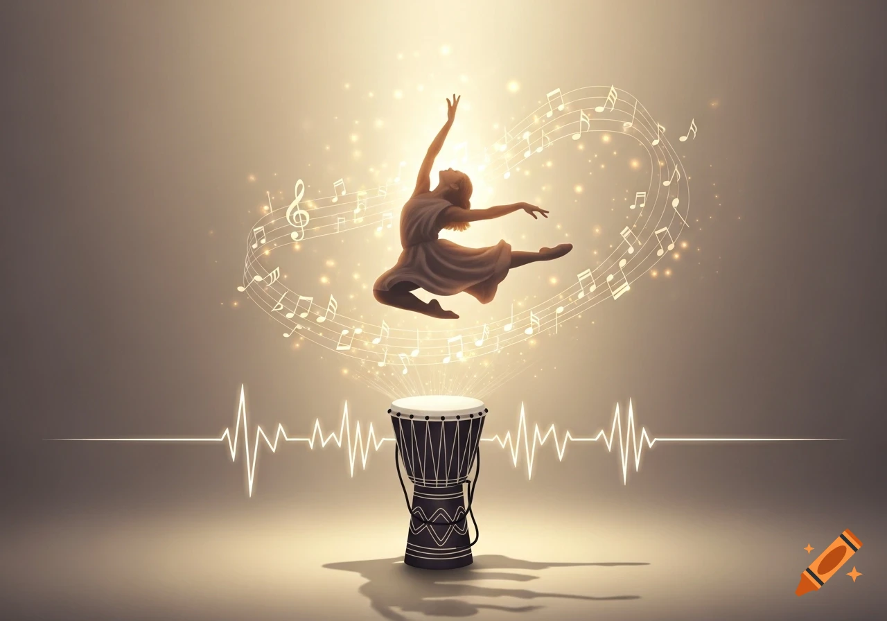 Silhouetted dancer leaps above a djembe drum, surrounded by glowing musical notes and a pulse wave, in a warm, ethereal style.