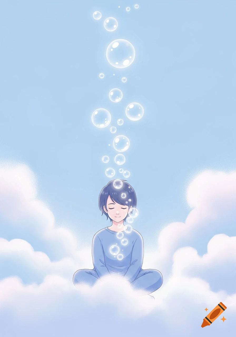 Anime person meditates on clouds as glowing bubbles float around their head in a serene, pastel illustration.