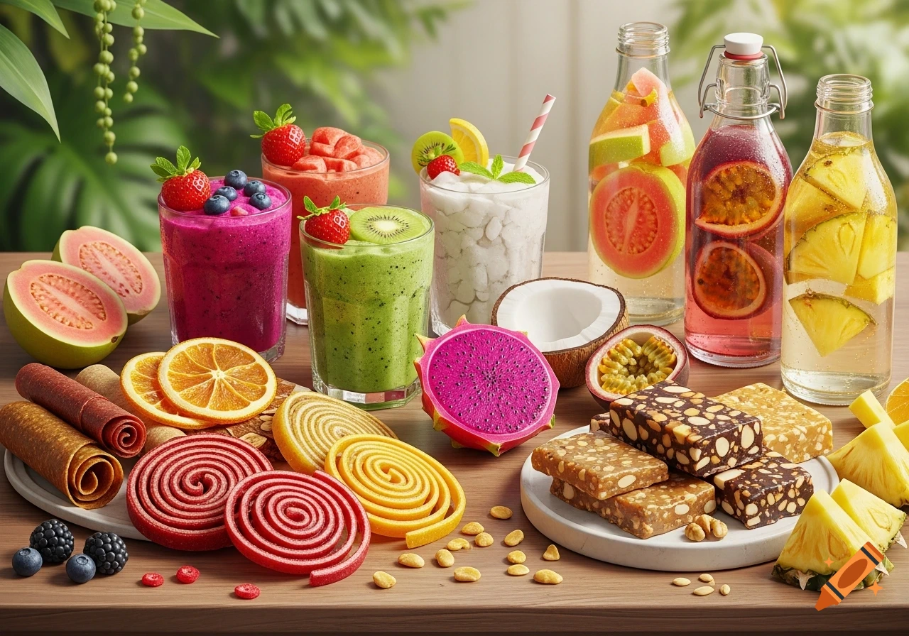A vibrant spread of photorealistic fresh fruits, colorful smoothies, fruit-infused waters, fruit leathers, and healthy snack bars.