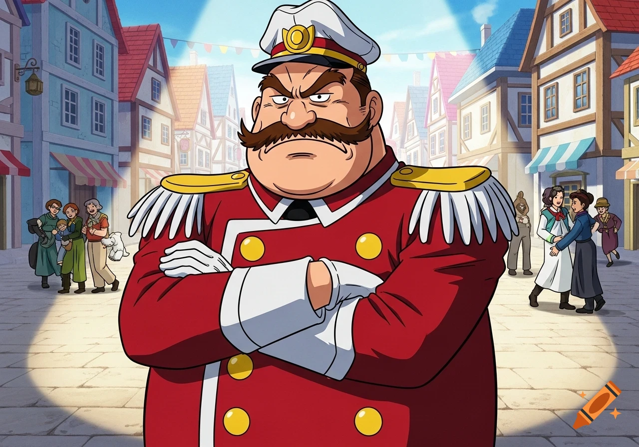 Anime-style Burgermeister Meisterburger stands sternly with arms crossed on a colorful town street.